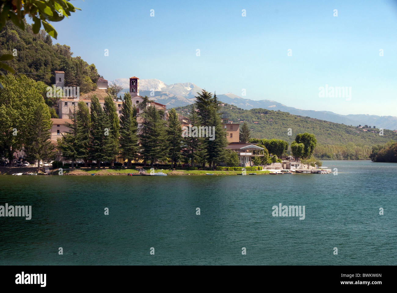 The town of Piediluco on Lago di Piediluco , with Terminillo in the distance Stock Photo