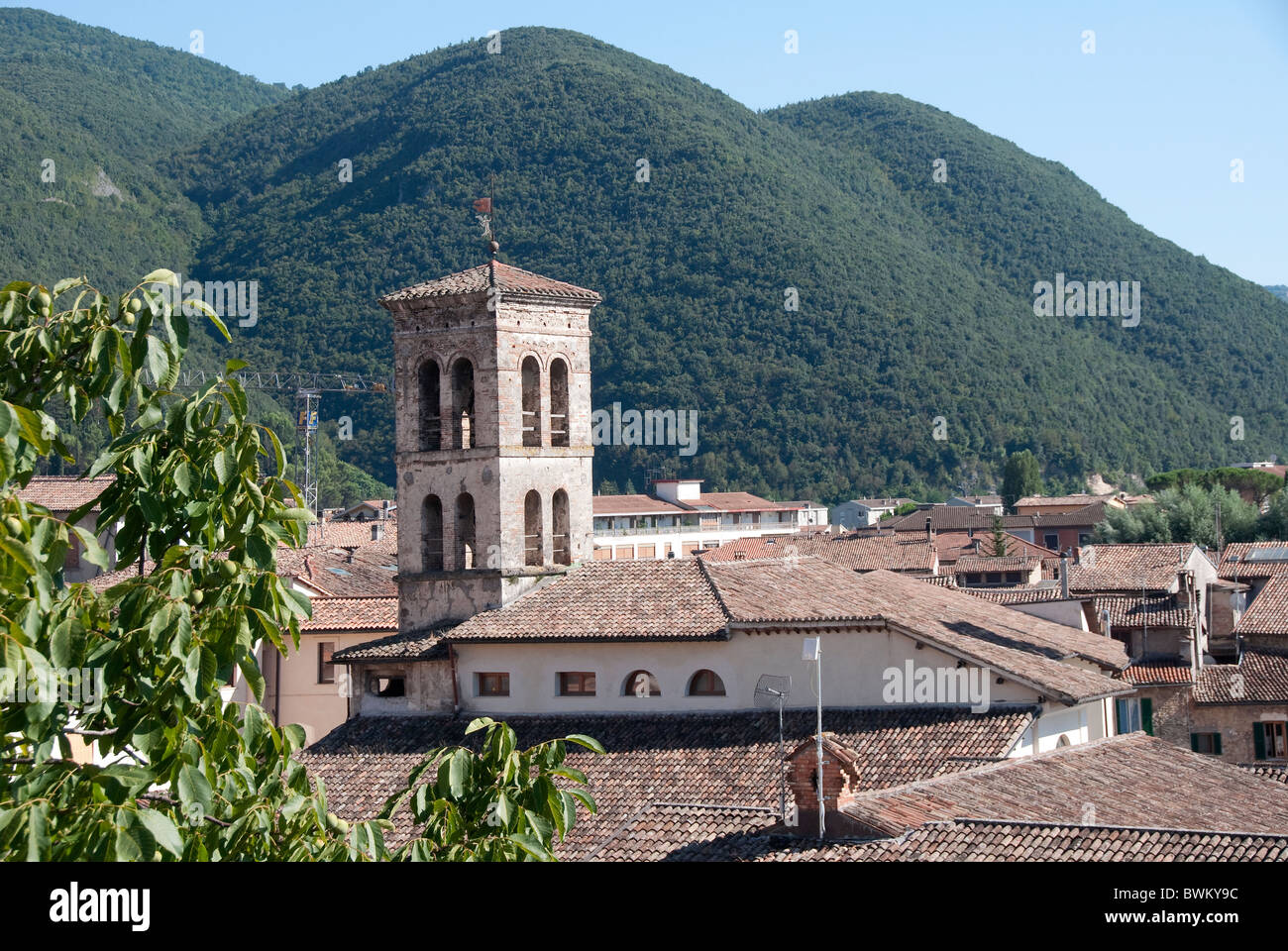 Rieti, Lazio, with the belltower of the church Saint Francis Stock Photo