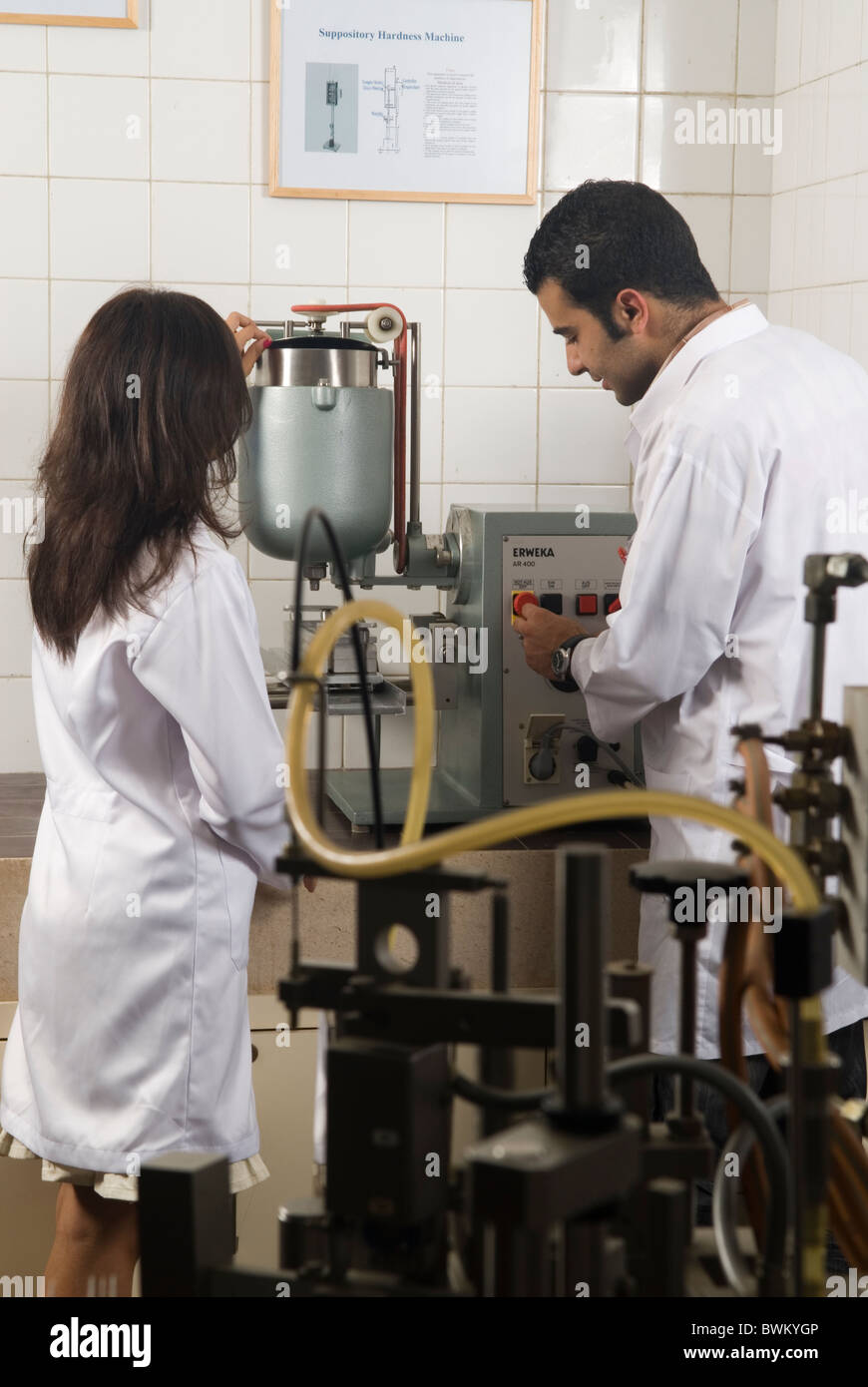 Young male and female medicine students working inside the laboratory of the Beirut Arab University Lebanon Middle East Stock Photo