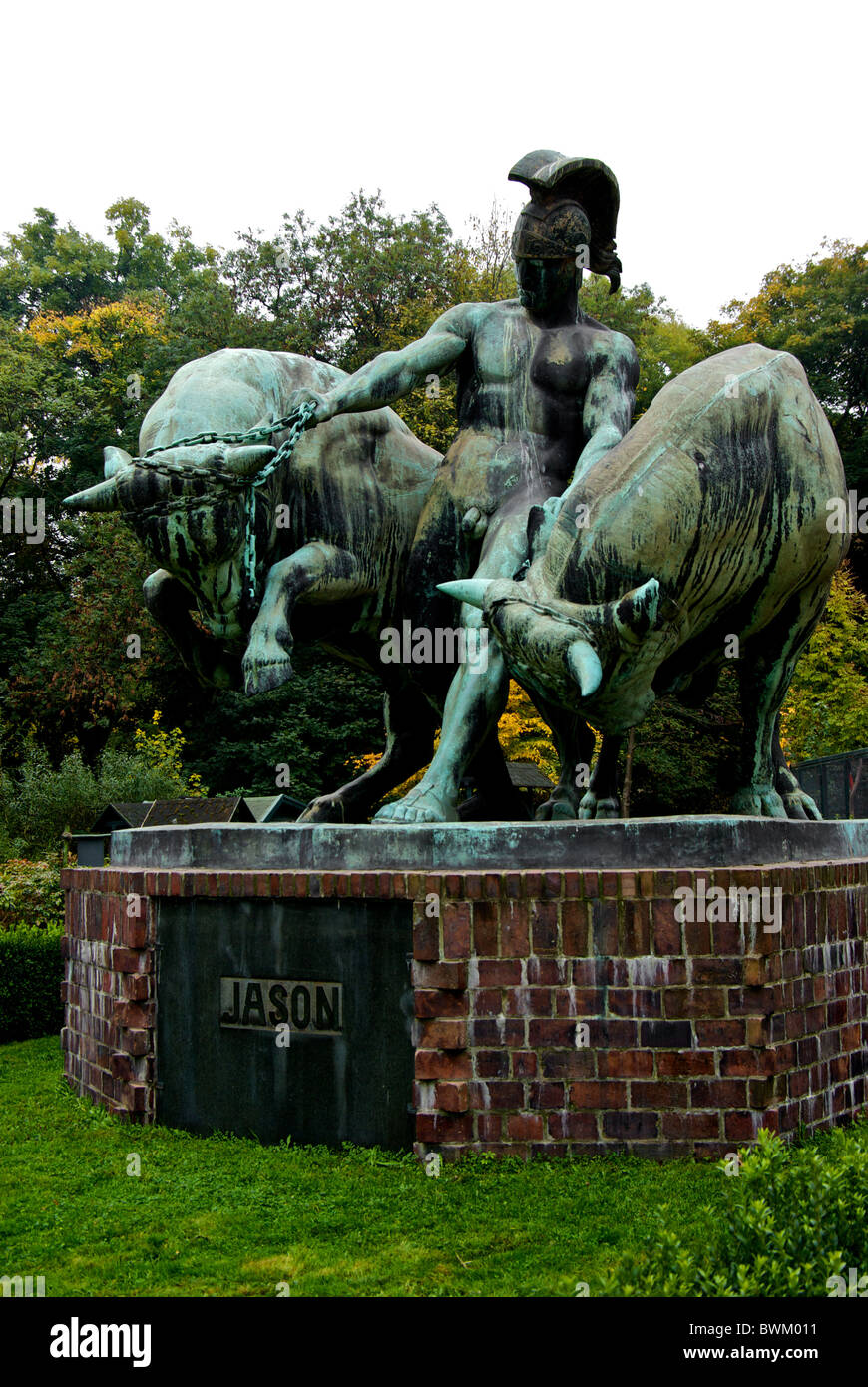 Bronze statue of Jason controlling two bulls Leipzig Zoological Garden Stock Photo