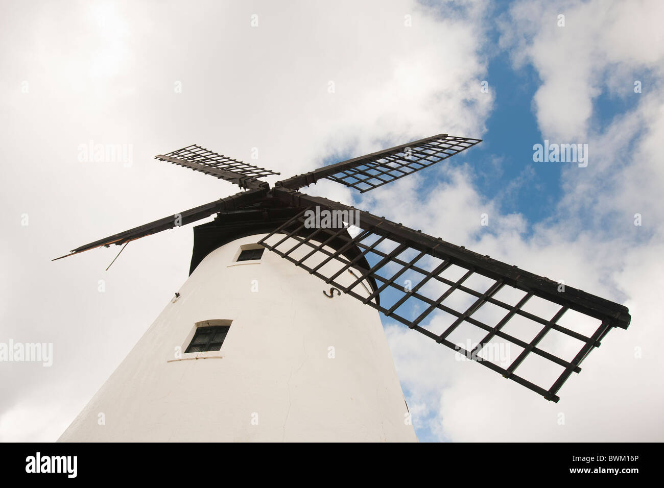 A sail snapped off the Lytham windmill by a severe storm with 100 mph winds, November 2010. Stock Photo