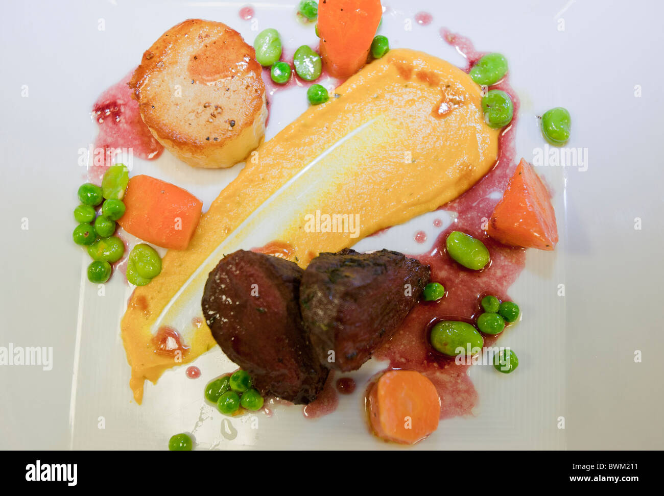 A dish prepared by catering students from Kendal College, Cumbria, UK, using wild venison Stock Photo