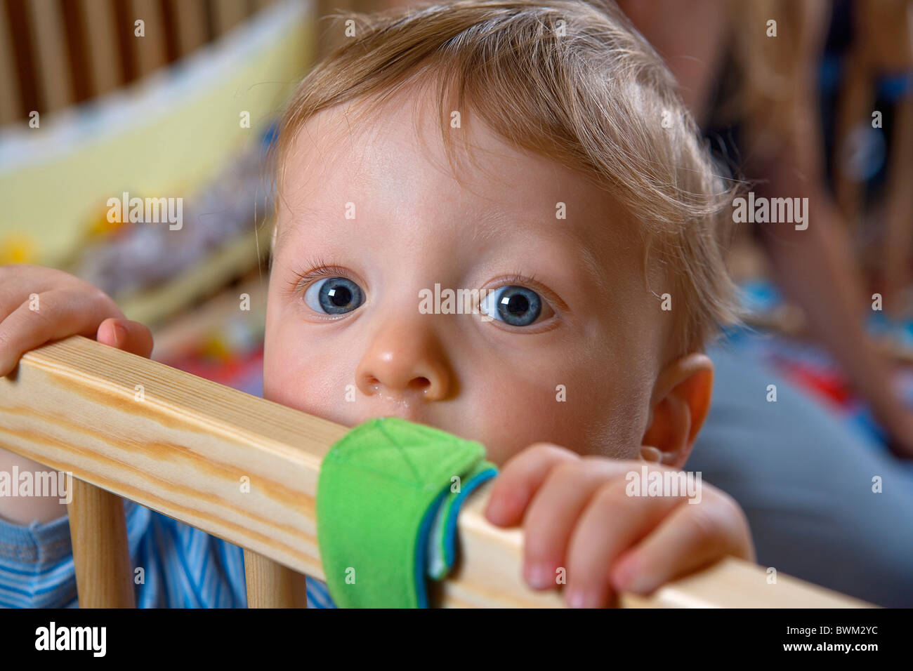 Baby boy toddler portrait child children one person blue eyes blond indoors playpen portrait playing Stock Photo