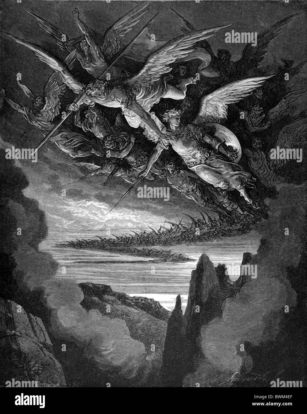 Gustave Doré; Black and White Engraving; The Fallen Angels on the Wing from John Milton's Paradise Lost Stock Photo