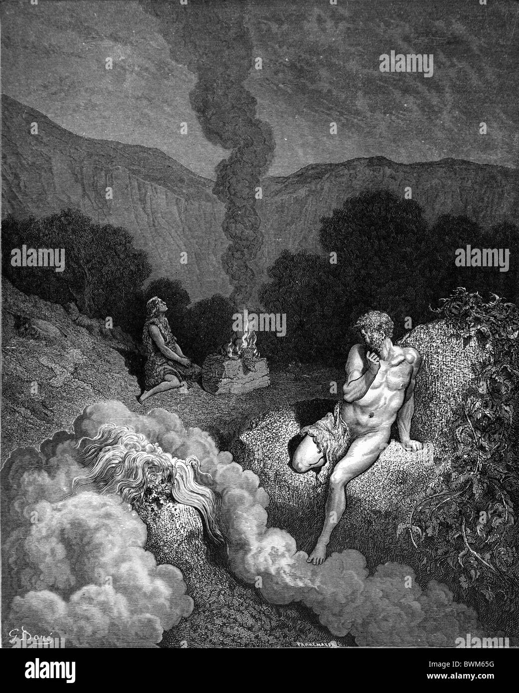 Gustave Doré; Black and White Engraving; Cain and Abel Offering their Sacrifices to God Stock Photo