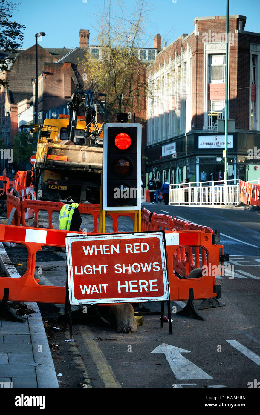 roadworks and red traffic light Stock Photo Alamy