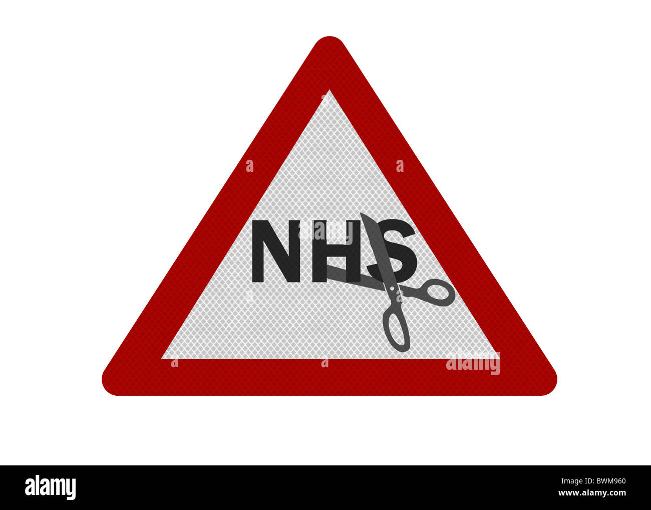 Photo realistic reflective metallic 'NHS cuts' sign, isolated on a pure white background. Stock Photo