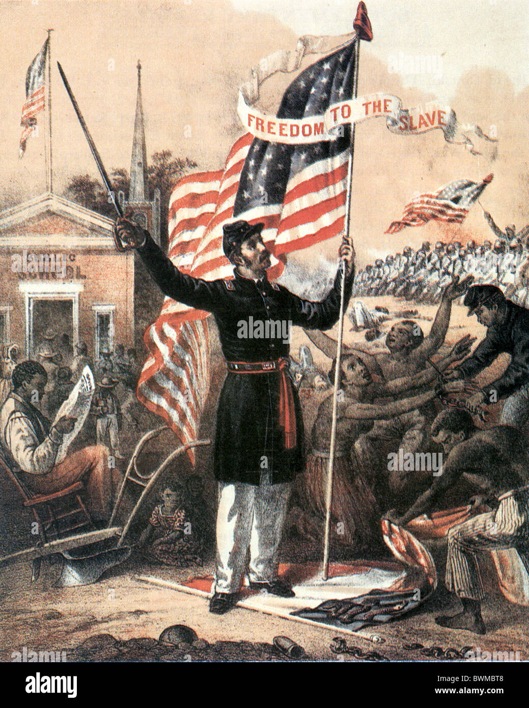 AMERICAN CIVIL WAR 1865 magazine illustration showing the North's commitment to  emancipation Stock Photo