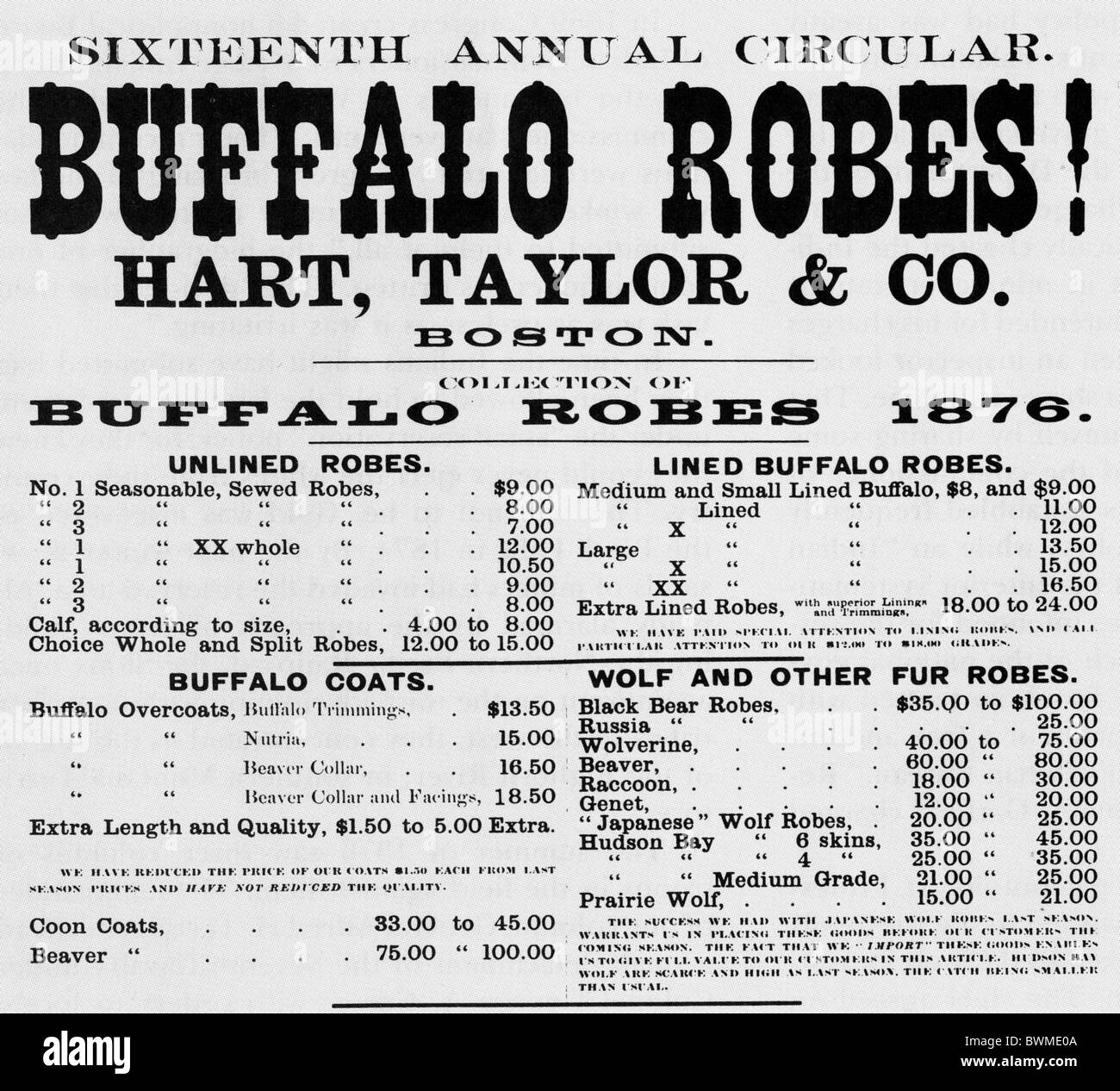 BUFFALO SKINS and other animal skins being sold mail-order in 1876 by a company in Boston Stock Photo