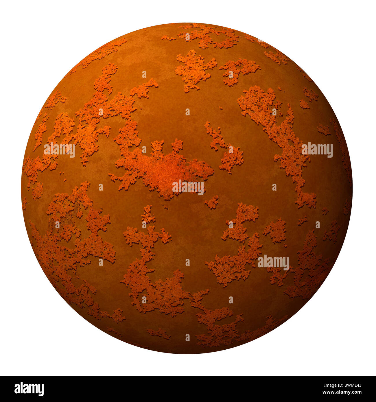 Sphere ball or planet with a rusty iron metal textured surface against white background Stock Photo