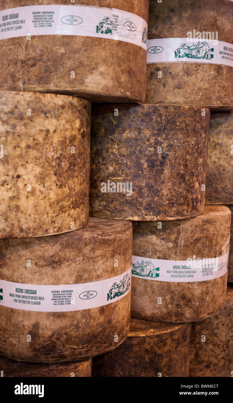 Keens Cheddar Cheese truckles stacked up in graphic pattern Stock Photo