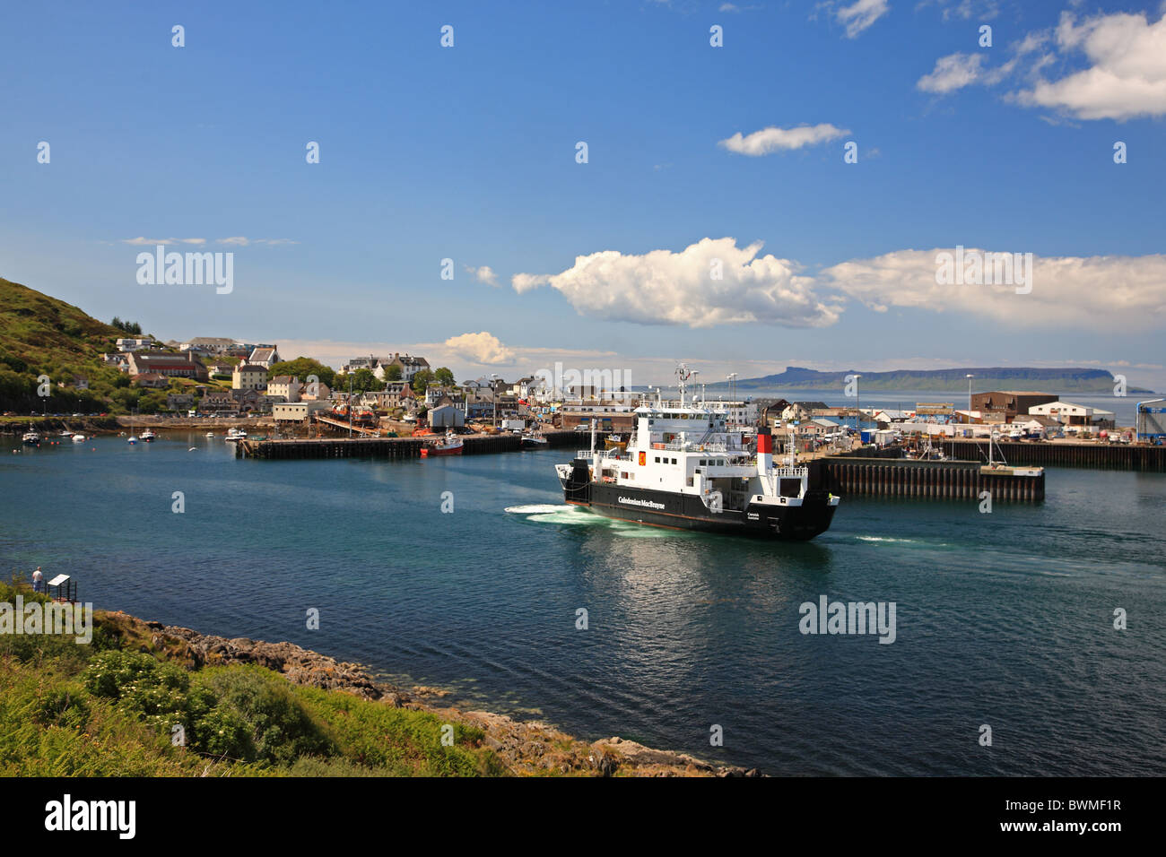 UK Scotland Highland Inverness-shire Mallaig Harbour and the island of Eigg Stock Photo