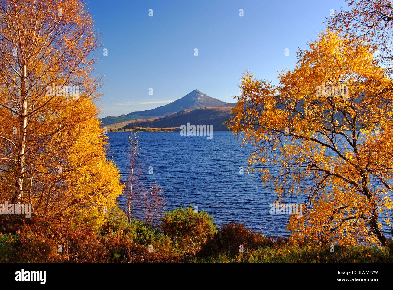 UK Scotland Tayside Perthshire Loch Rannoch and mountain of Schiehallion in autumn Stock Photo