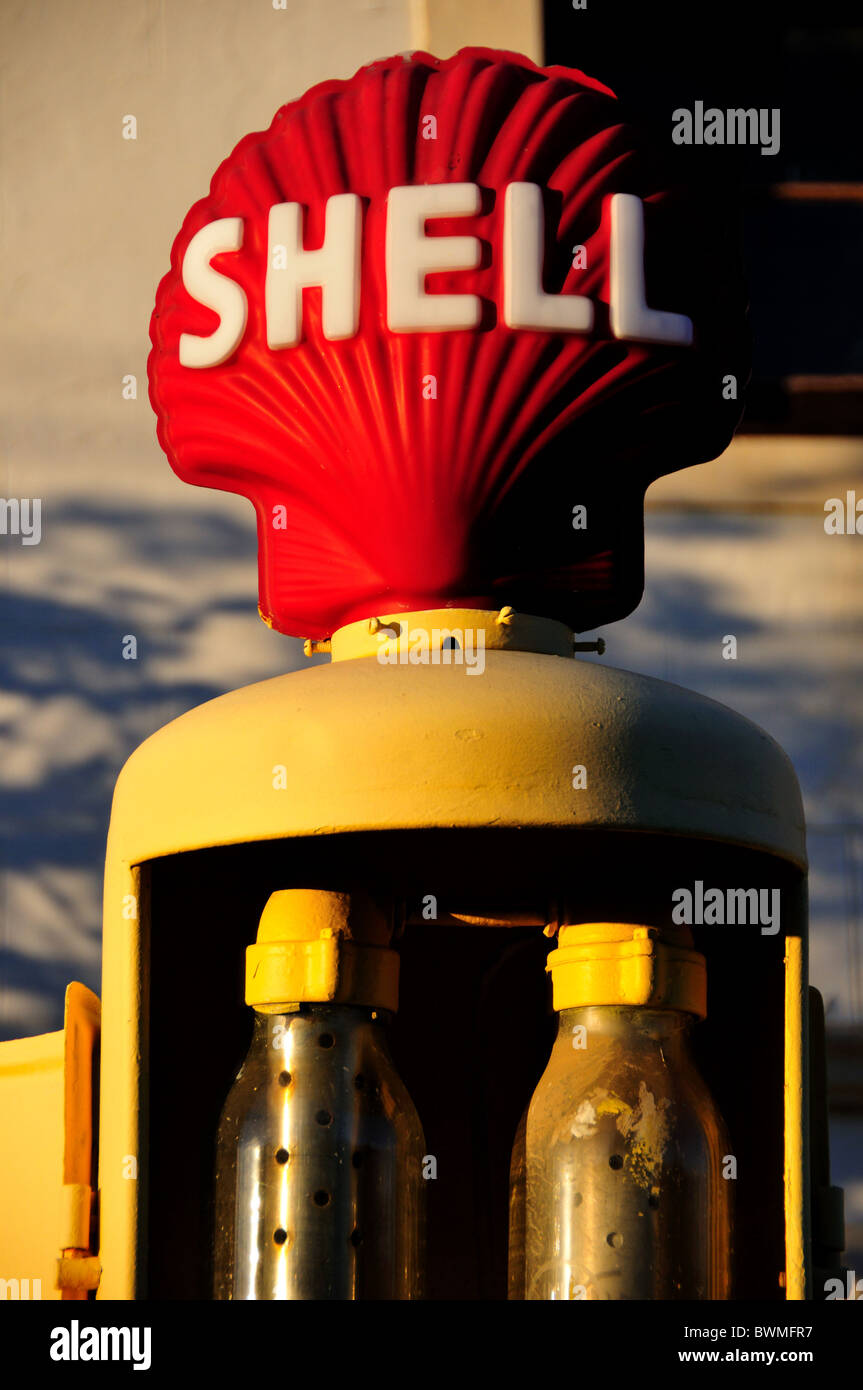 Royal Dutch Shell Shell logo on top of a vintage gasoline pump. Matjiesfontein, South Africa. Stock Photo