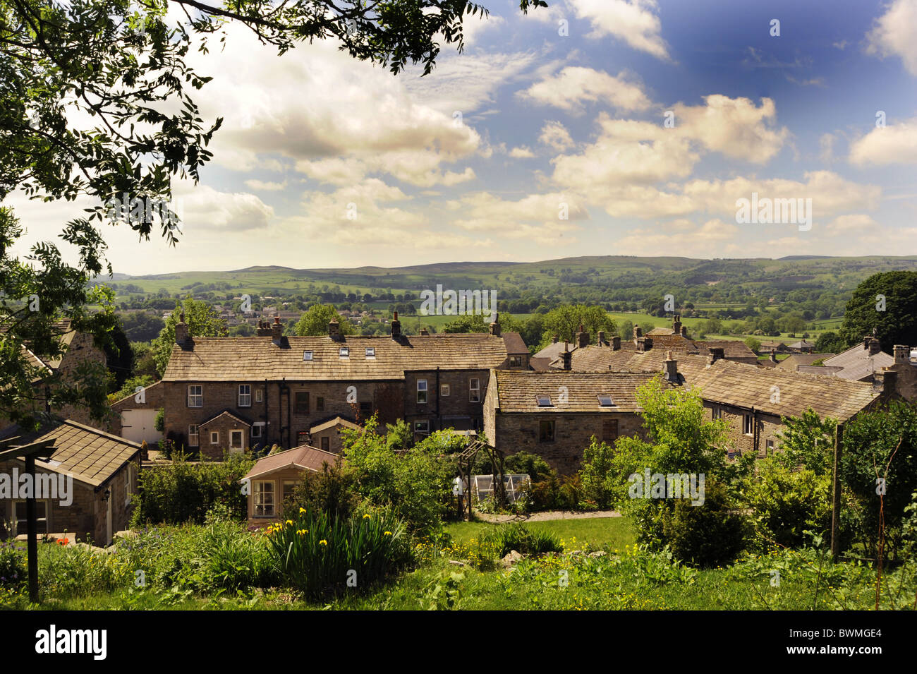 Rolling green hills and Houses in Grassington Village, Yorkshire Dales