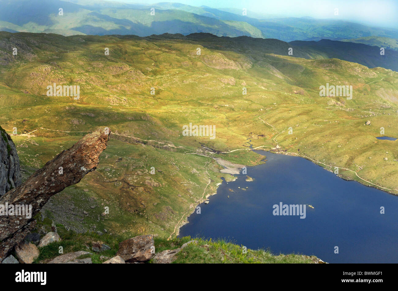 Top of Jack's Rake, looking down on  Stickle Tarn in the Langdale Valley, Lake District Cumbria Stock Photo