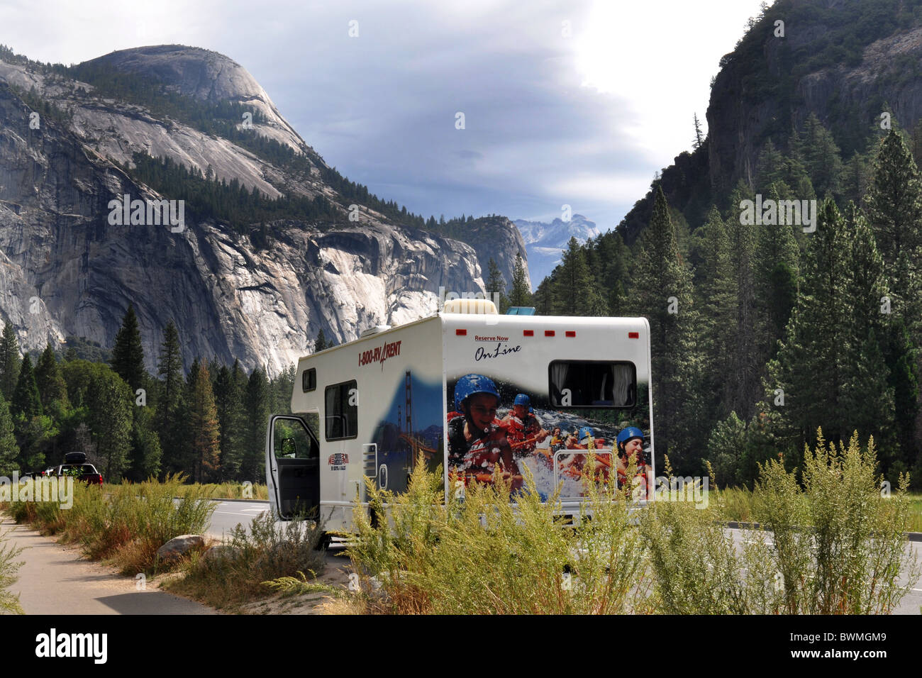 An RV camper van Yosemite Valley, Yosemite National Park, California USA Stock Photo