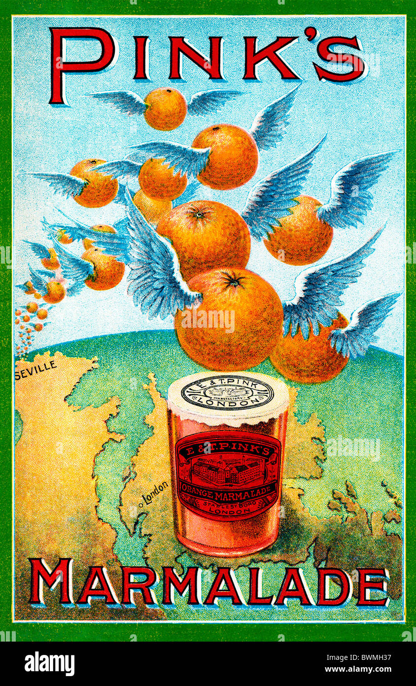 Pinks Marmalade, 1890 advert for the largest makers in the world shows oranges flying over from Seville to London Stock Photo