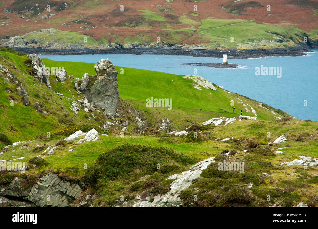 Isle of Man wild walk with 2 people and dog in far distance Stock Photo