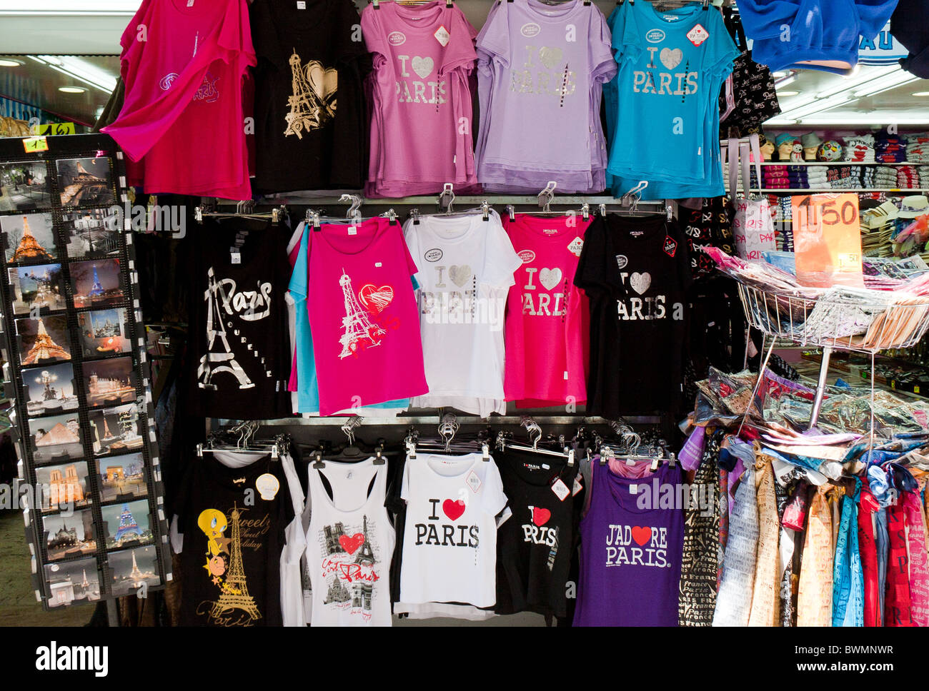 Paris T shirts in souvenir shop near Basilique du Sacre Coeur, Paris Stock Photo