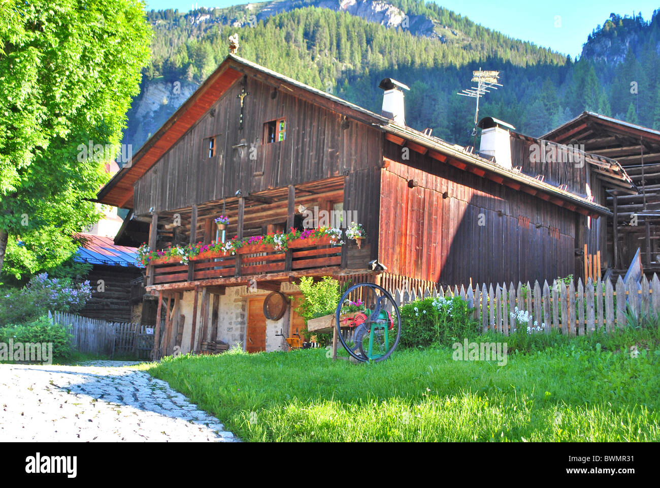 barn wood in Val di Fassa in the Italian Dolomites Stock Photo