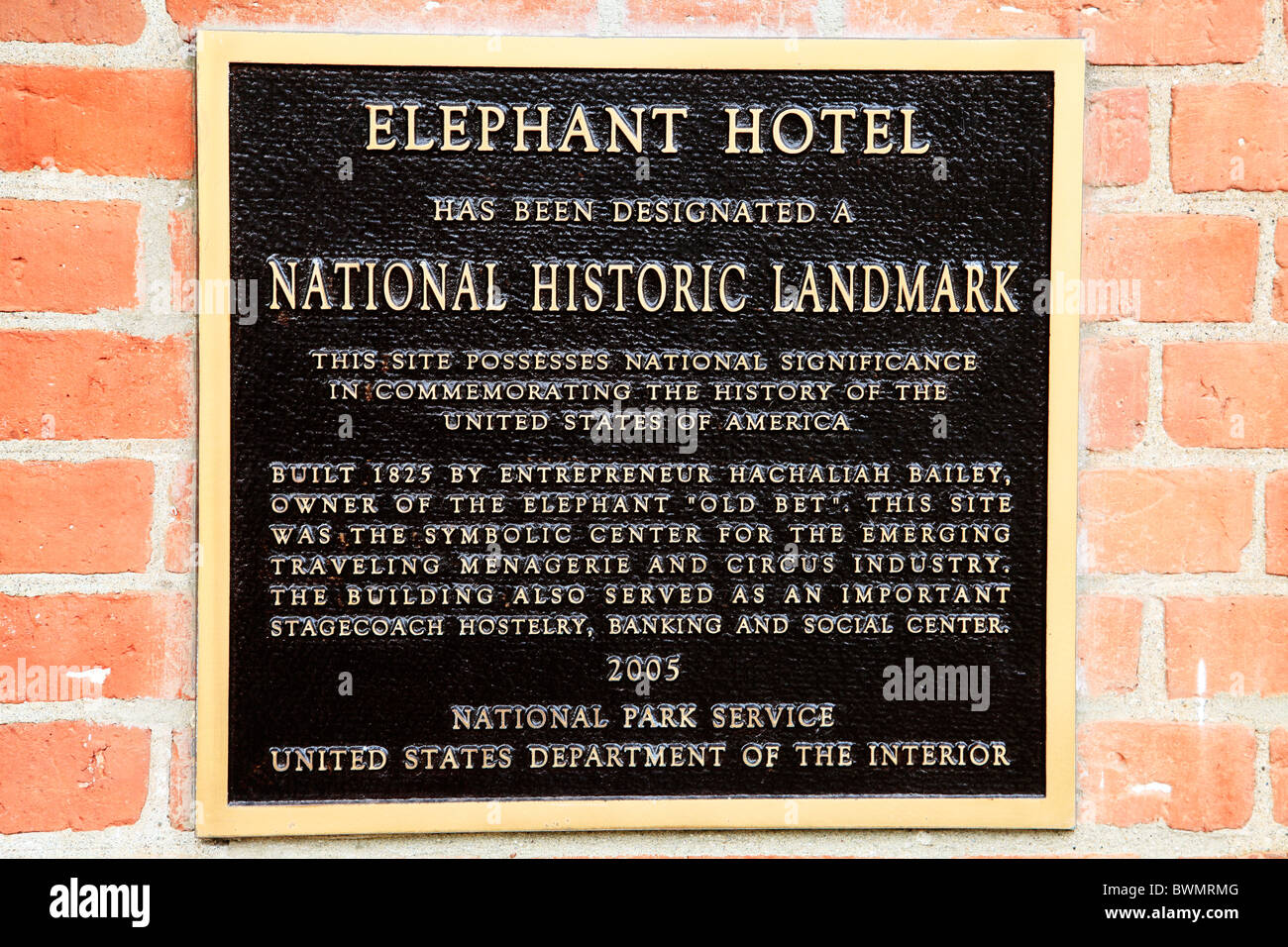 A National Historic Landmark sign for The Elephant Hotel in Somers, New