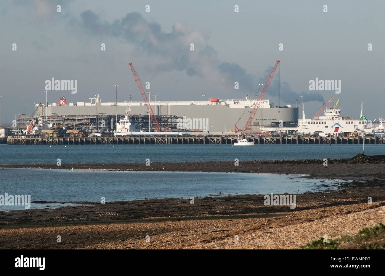 View of Southampton Docks with Boat and Cranes Stock Photo