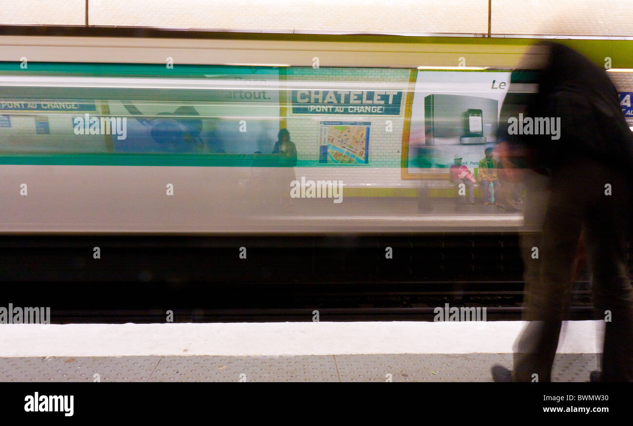 Moving train at Chatelet on Paris metro Stock Photo