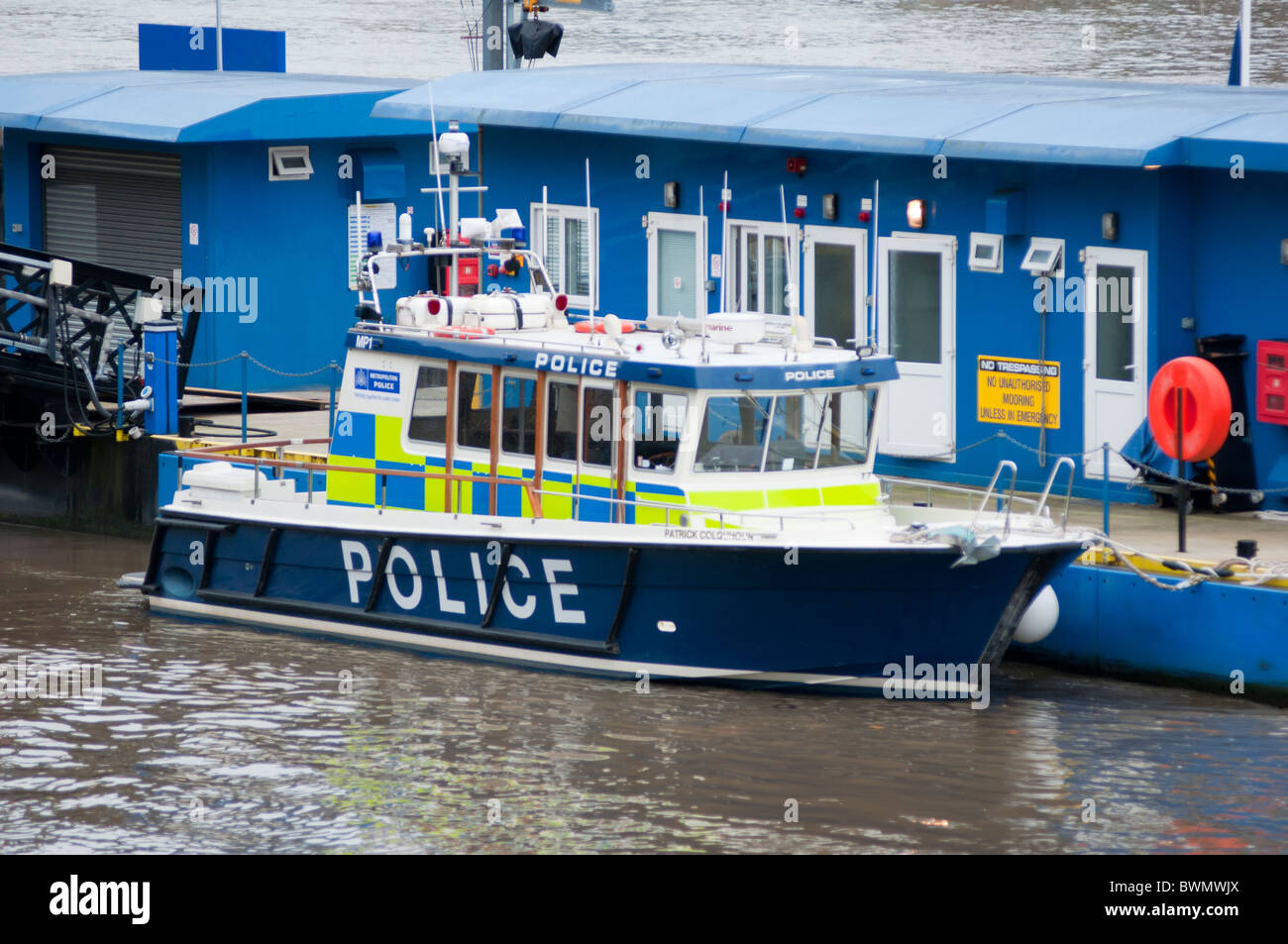 London Wapping Police Station on the River Thames is headquarters of the Metropolitan Police Marine Support Unit. England Stock Photo