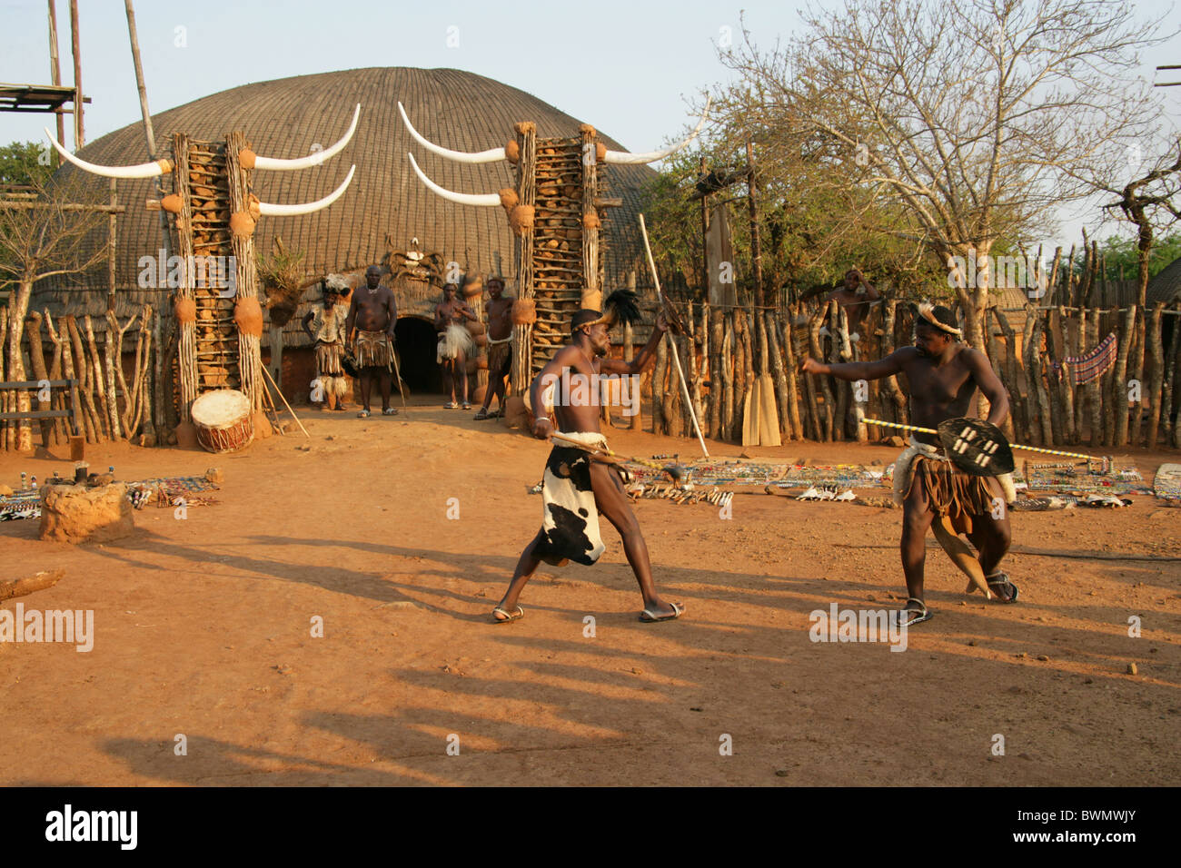 Zulu men give an example of stick fighting at Shakaland, KwaZulu