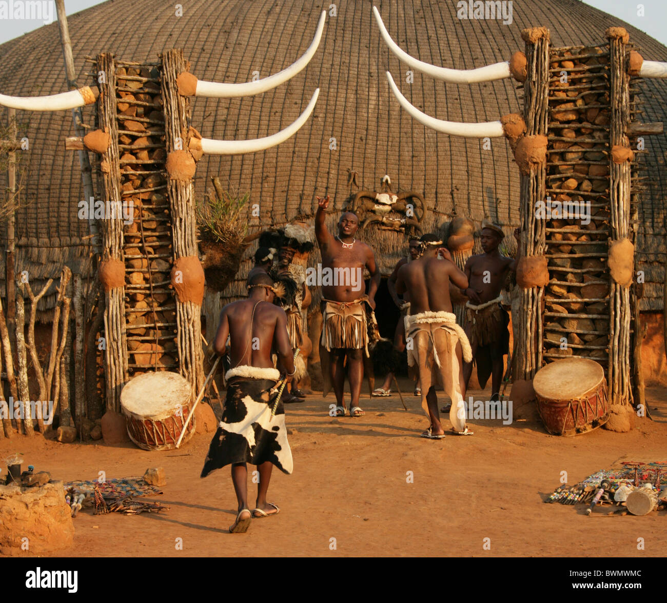 Entrance to the Zulu Theatre, Shakaland Zulu Village, Nkwalini Valley, Kwazulu Natal, South Africa. Stock Photo