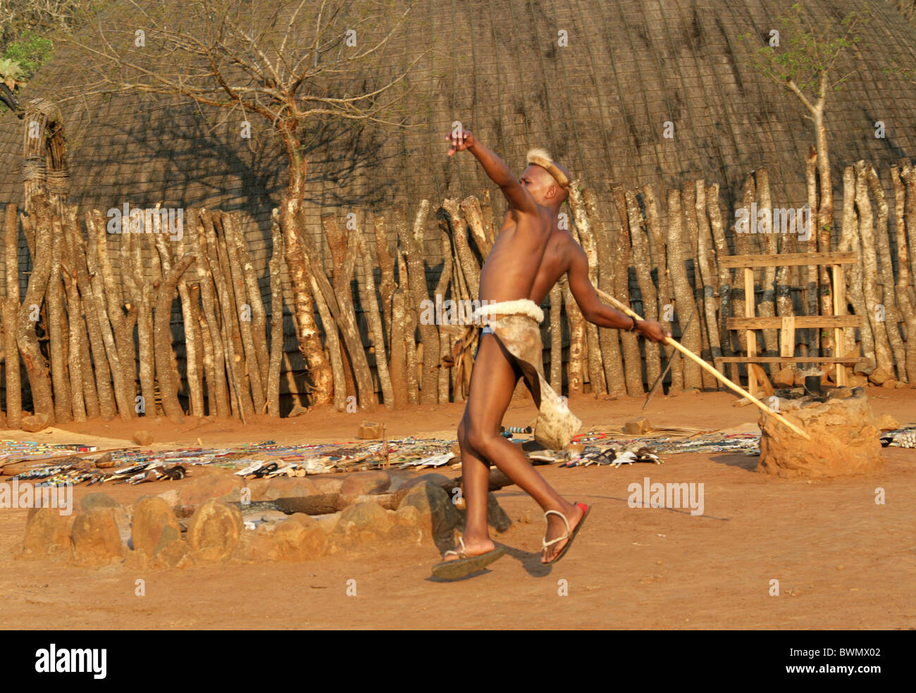 Zulu men give an example of stick fighting at Shakaland, KwaZulu