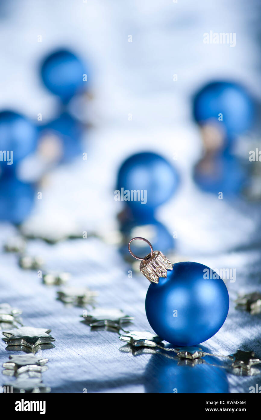 Christmas decoration with bauble. Selective focus on ball. Stock Photo