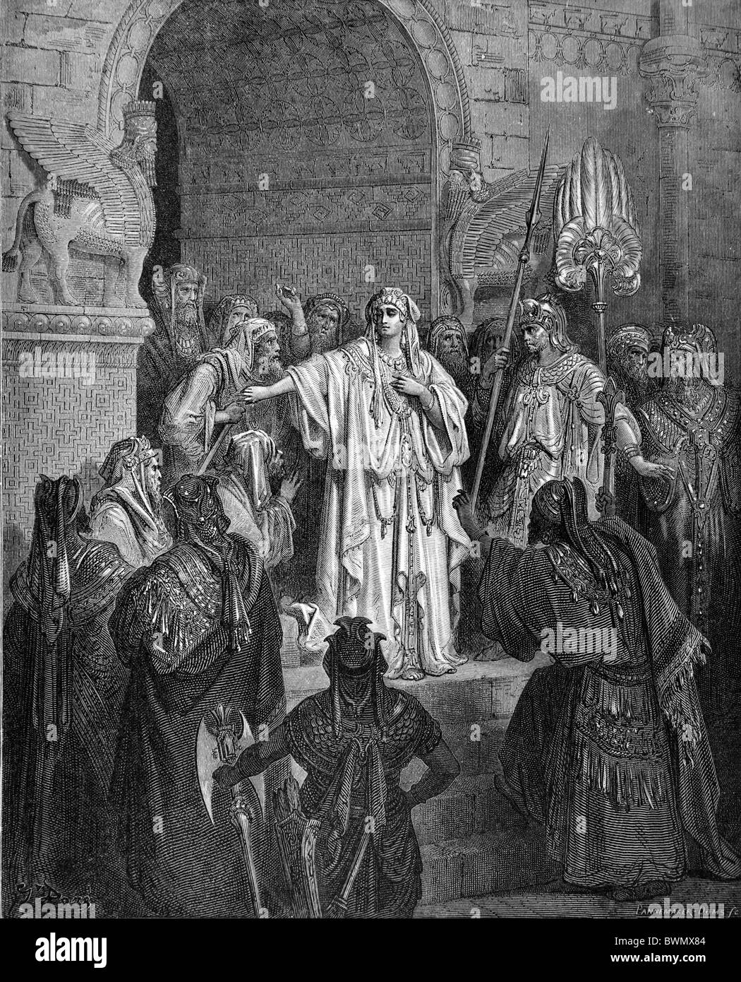 Gustave Doré; The Queen Vashti refusing to obey the command of Ahasuerus; Book of Esther; Black and White Engraving Stock Photo