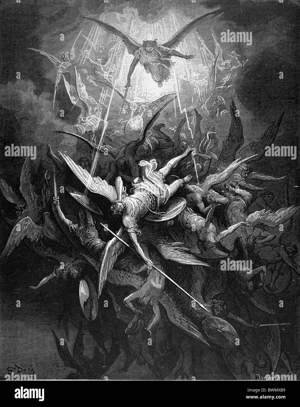 Gustave Doré; The Fall of the Rebel Angels from John Milton's Paradise Lost; Black and White Engraving Stock Photo