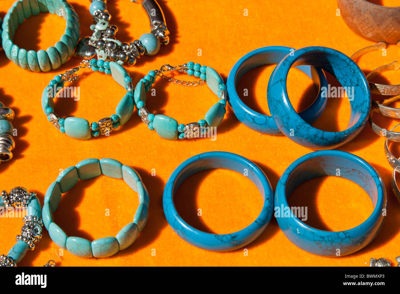 Colourful blue bracelets for sale in a market, Baisha, Yunnan Province, China Stock Photo