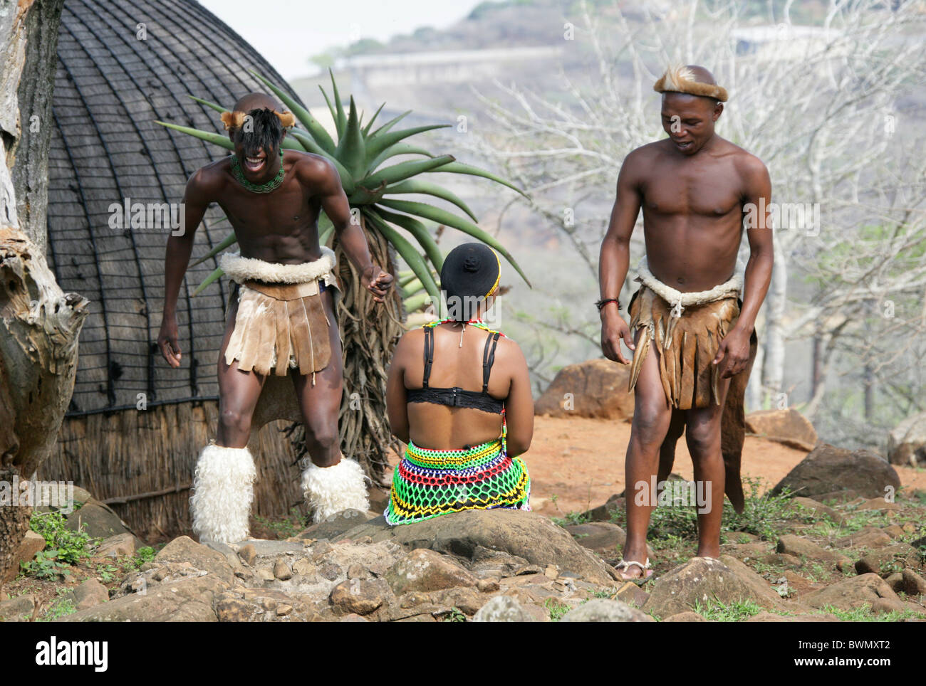 South Africa, Simunye, Zulu Warriors Fighting, Stock Photo
