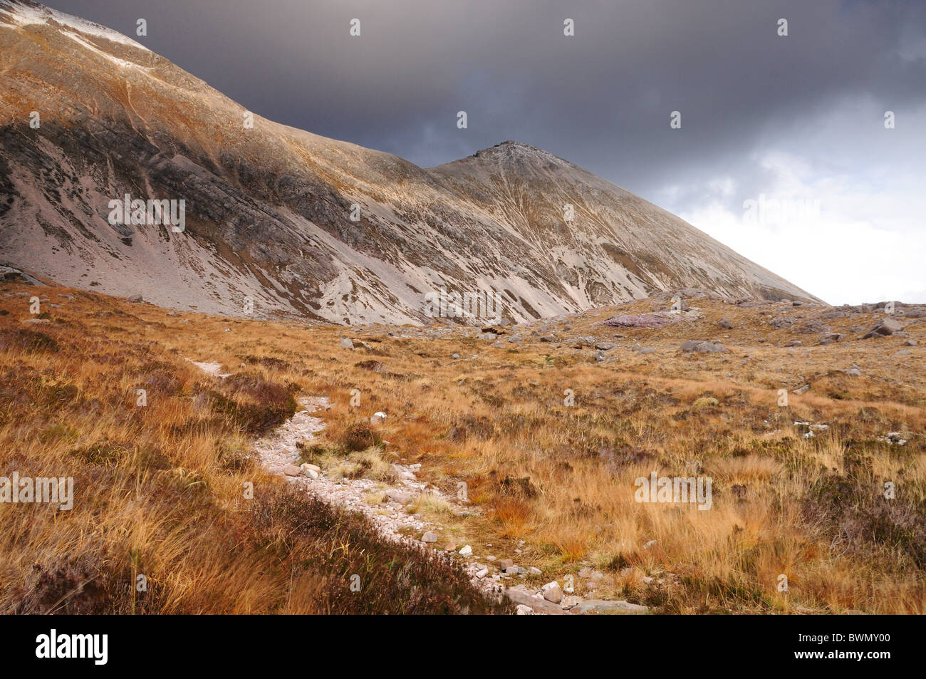 Footpath up Beinn Eighe in Torridon, Scottish Highlands. Sgurr Ban is the peak in the background Stock Photo