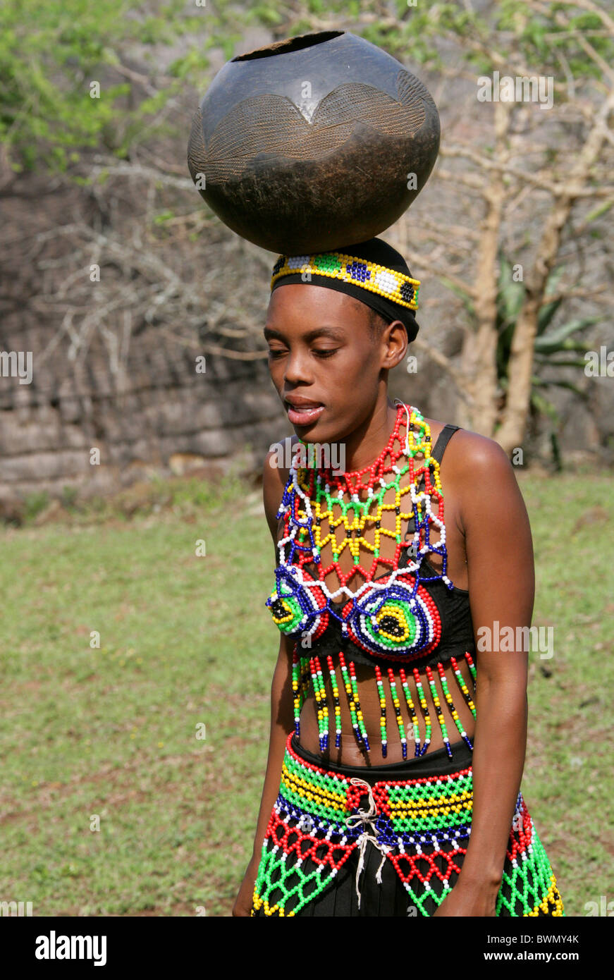 Young Zulu Maiden in Traditional Beaded Dress, Shakaland Zulu Village, Nkwalini Valley, Kwazulu Natal, South Africa. Stock Photo