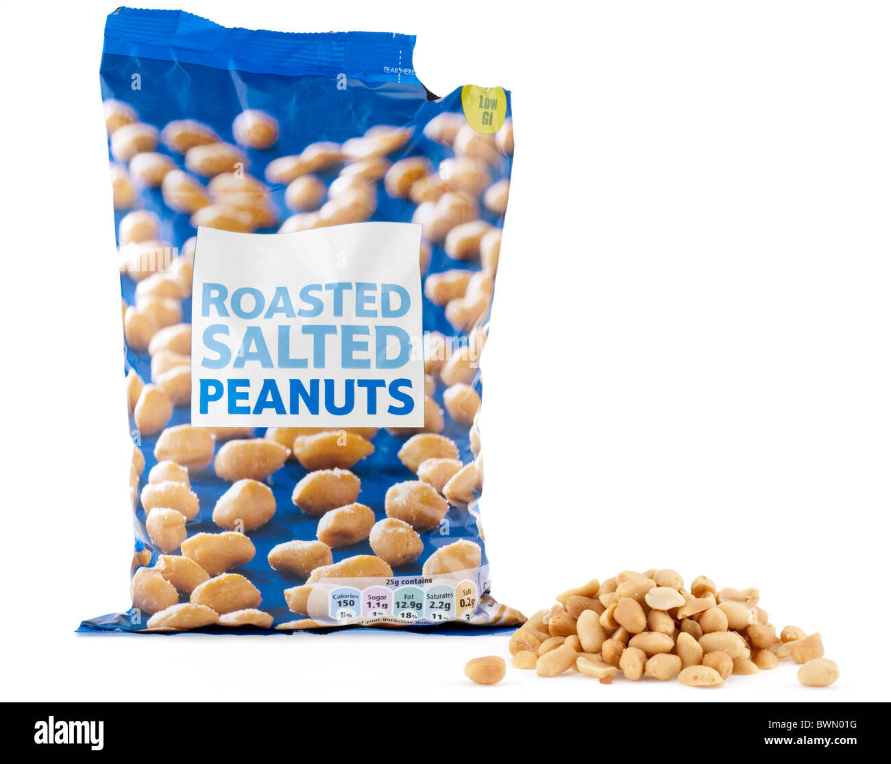 Opened bag of salted peanuts Stock Photo