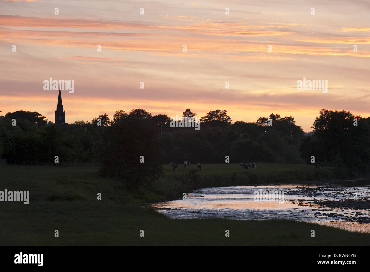The River Wharfe at sunset, viewed from a bend in the river near Burley