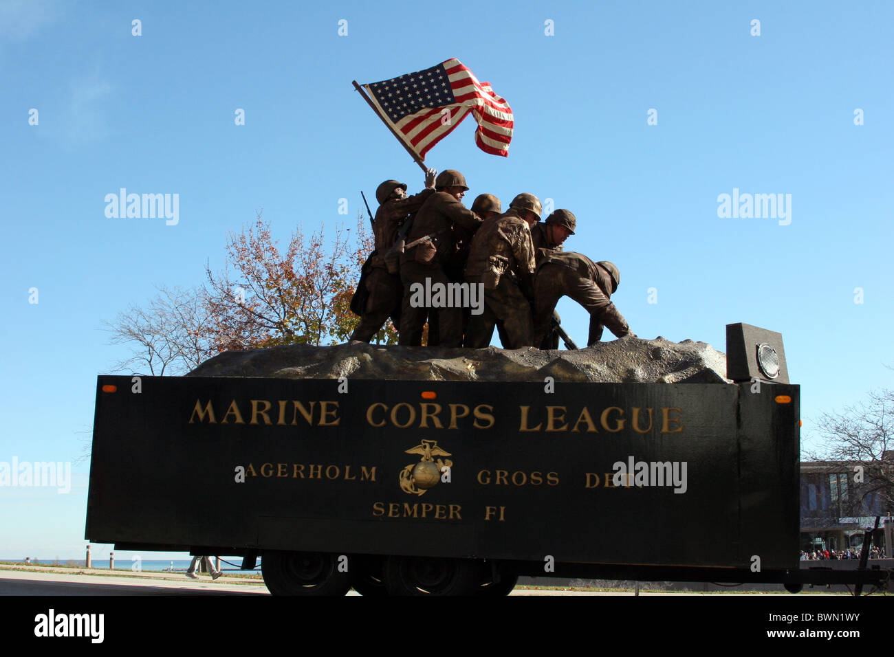 Veteran Memorial parade Milwaukee Wisconsin War Memorial on Lake Michigan Marine Corps League float Stock Photo