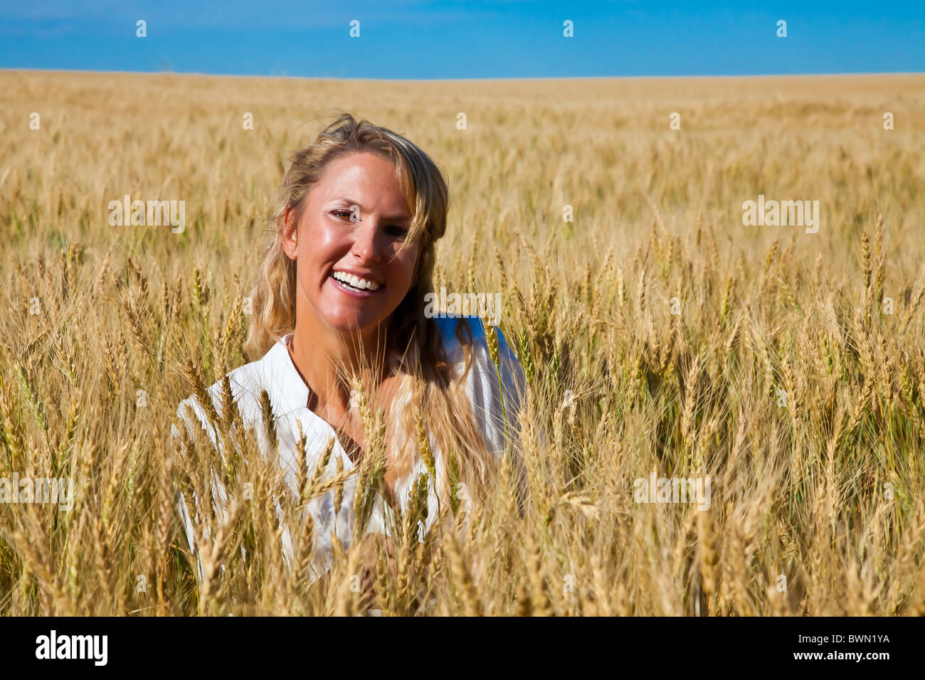 Woman sitting and smiling in a wheat field of Colorado Stock Photo - Alamy