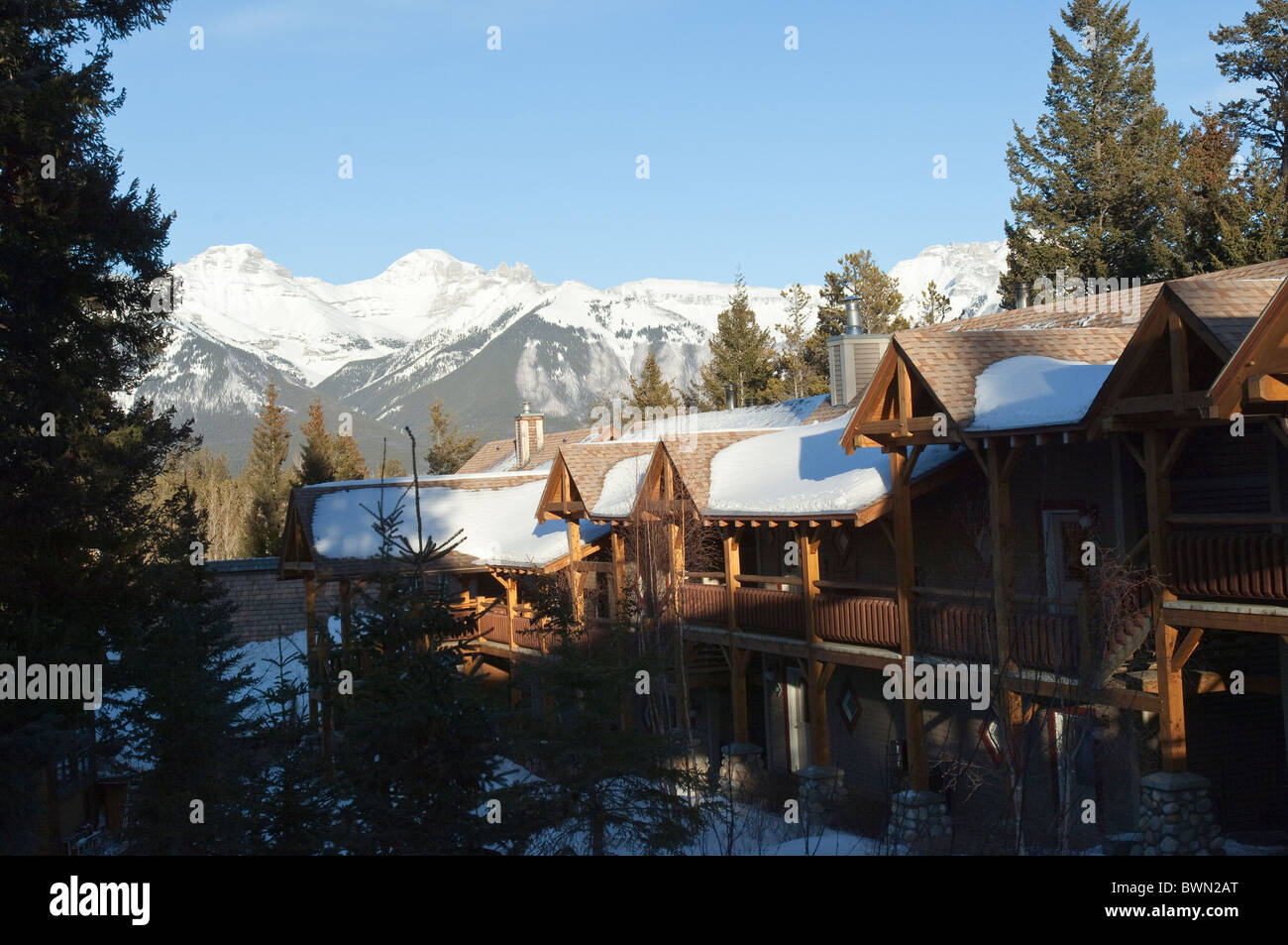 Banff Alberta Canada. Rocky Mountains and the Buffalo Mountain Lodge. Stock Photo