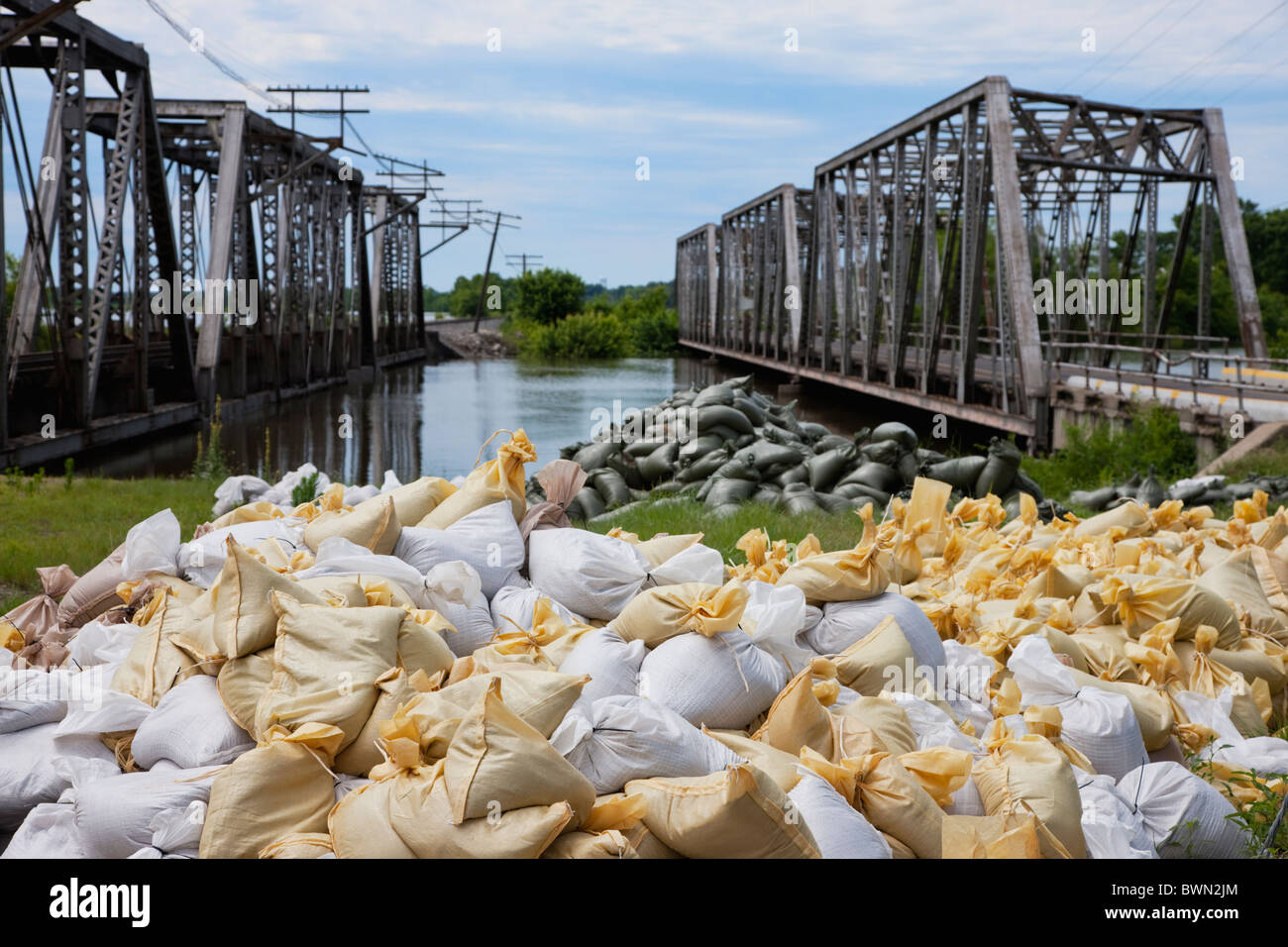 USA, Missouri, Flood sandbags near river and bridges Stock Photo Alamy