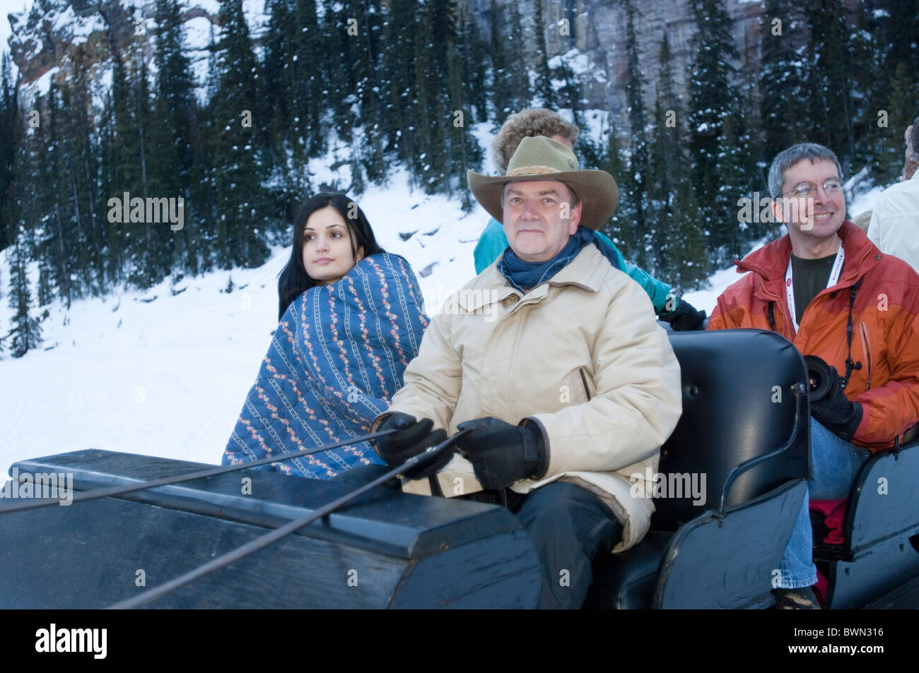 Sleigh ride at Chateau Lake Louise Hotel, Lake Louise Alberta, Canada. Stock Photo