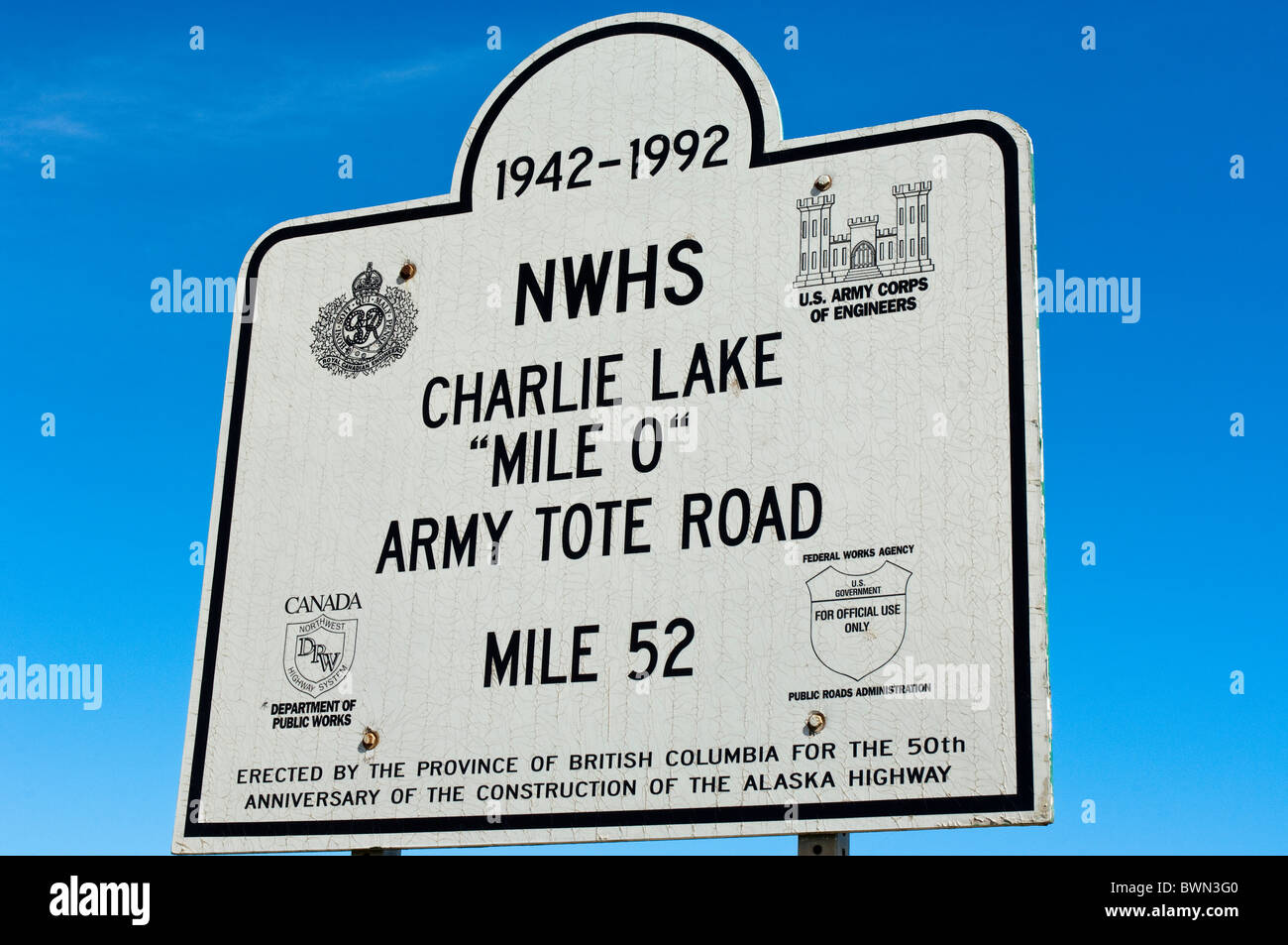 Charlie Lake Mile '0' Army Tote Road at Alaska Highway '52' mile marker, Fort St. John, British Columbia, Canada. Stock Photo