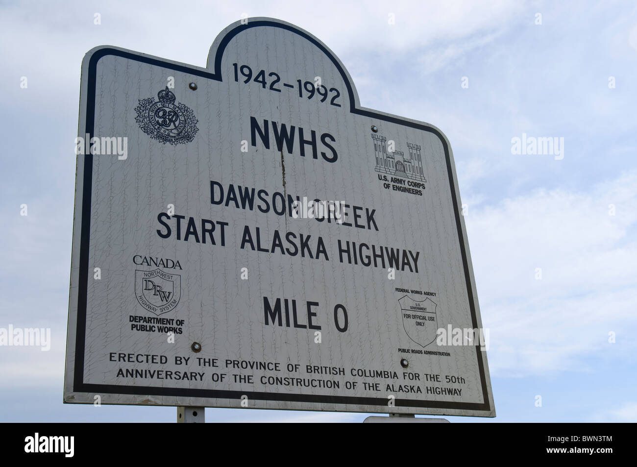 Alaska Highway mile '0' marker, British Columbia, Canada. Stock Photo
