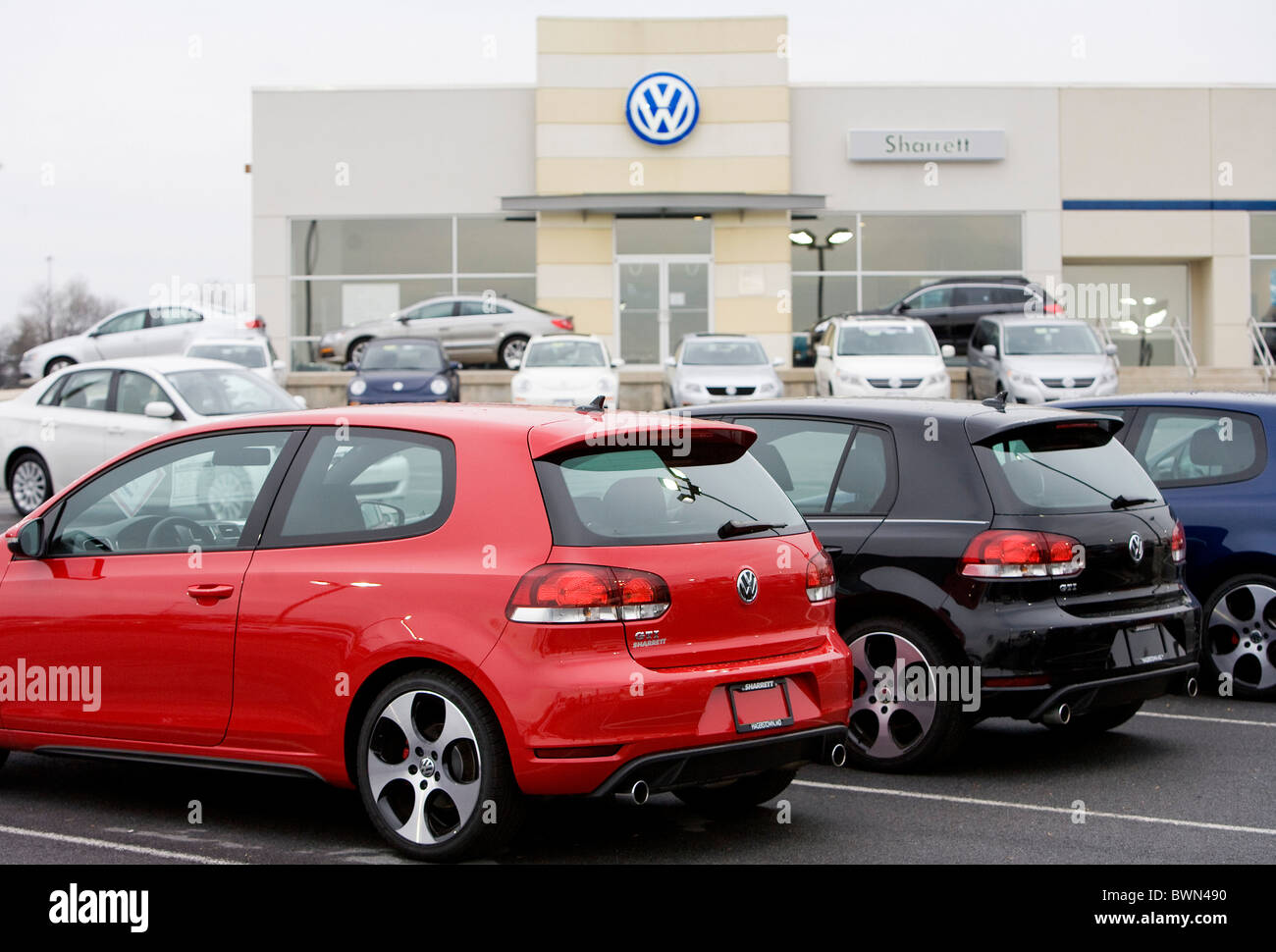 A Volkswagen car dealership.  Stock Photo
