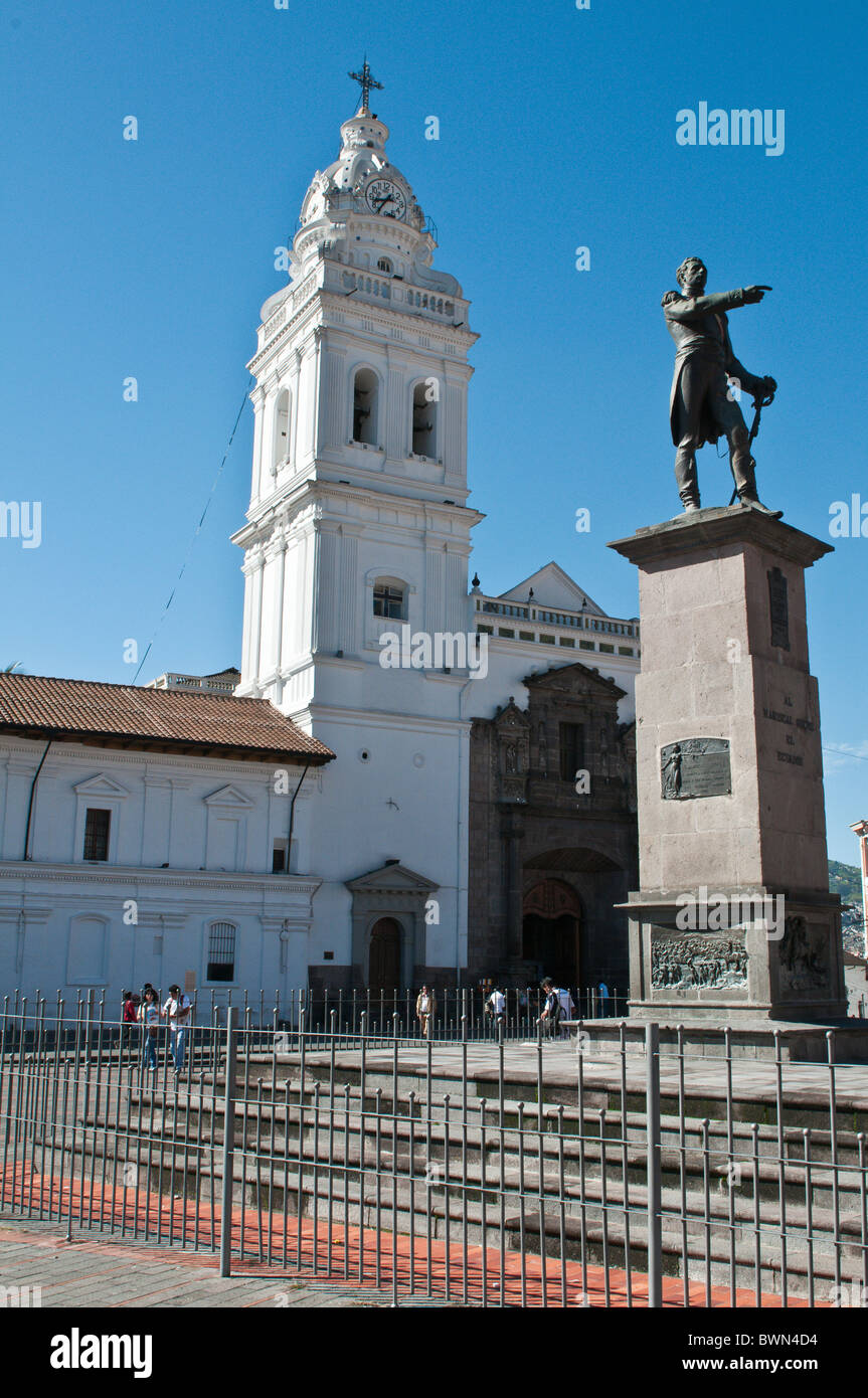 Santo Domingo Church and statue of Marshal Mariscal Sucre, Historic Center, Quito, Ecuador. Stock Photo